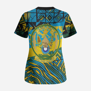 Rwanda Independence Day Scrub Top Tribal Geometric Pattern - National Coat Of Arms And Sunburst