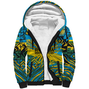 Rwanda Independence Day Sherpa Hoodie Tribal Geometric Pattern - National Coat Of Arms And Sunburst