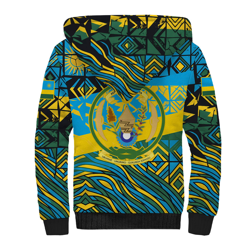 Rwanda Independence Day Sherpa Hoodie Tribal Geometric Pattern - National Coat Of Arms And Sunburst
