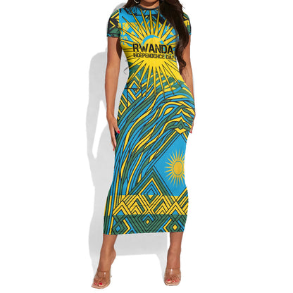 Rwanda Independence Day Short Sleeve Bodycon Dress Tribal Geometric Pattern - National Coat Of Arms And Sunburst