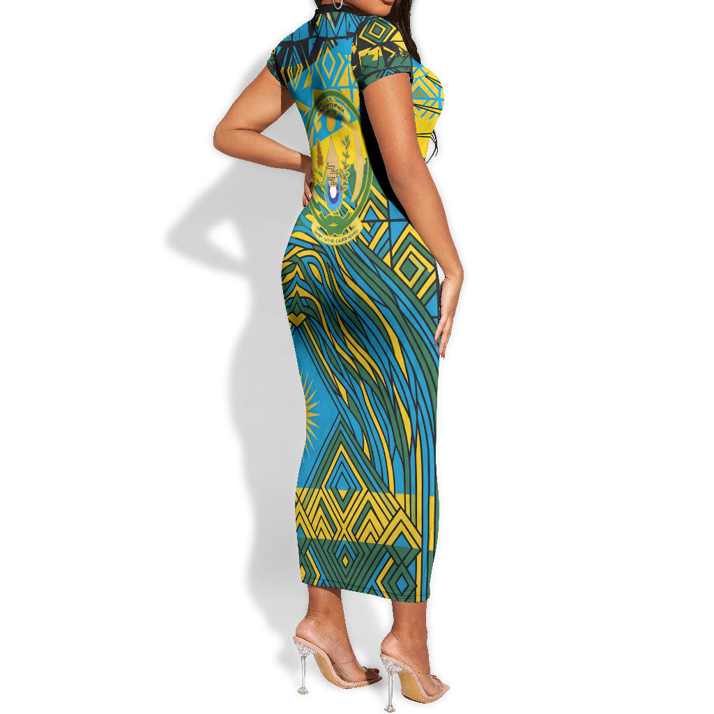 Rwanda Independence Day Short Sleeve Bodycon Dress Tribal Geometric Pattern - National Coat Of Arms And Sunburst
