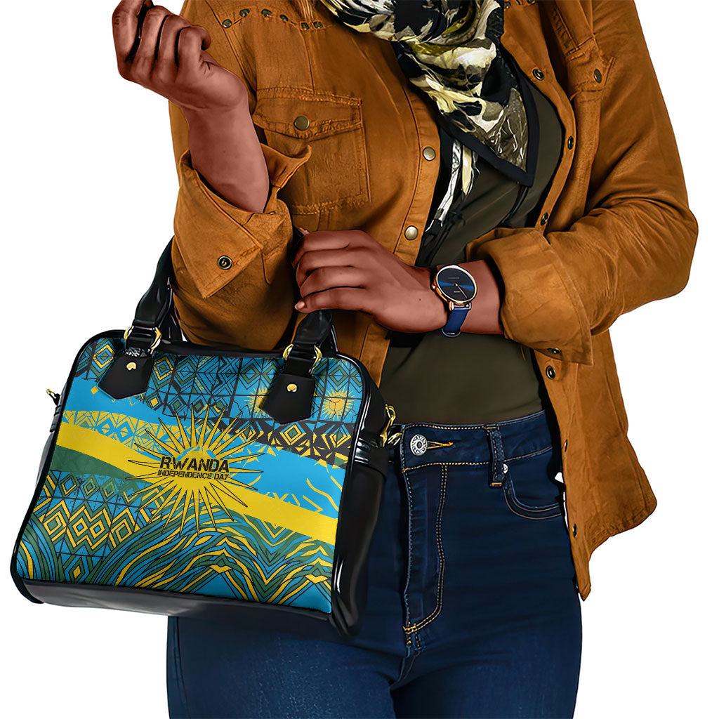 Rwanda Independence Day Shoulder Handbag Tribal Geometric Pattern - National Coat Of Arms And Sunburst