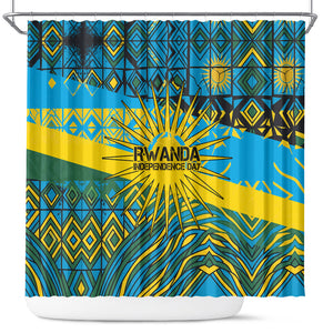 Rwanda Independence Day Shower Curtain Tribal Geometric Pattern - National Coat Of Arms And Sunburst