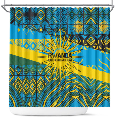Rwanda Independence Day Shower Curtain Tribal Geometric Pattern - National Coat Of Arms And Sunburst