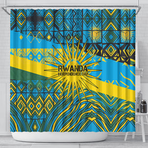 Rwanda Independence Day Shower Curtain Tribal Geometric Pattern - National Coat Of Arms And Sunburst