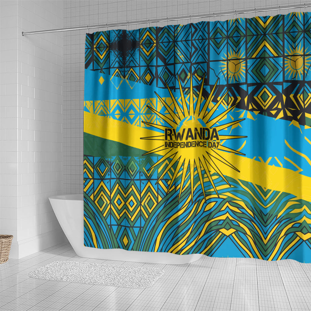 Rwanda Independence Day Shower Curtain Tribal Geometric Pattern - National Coat Of Arms And Sunburst