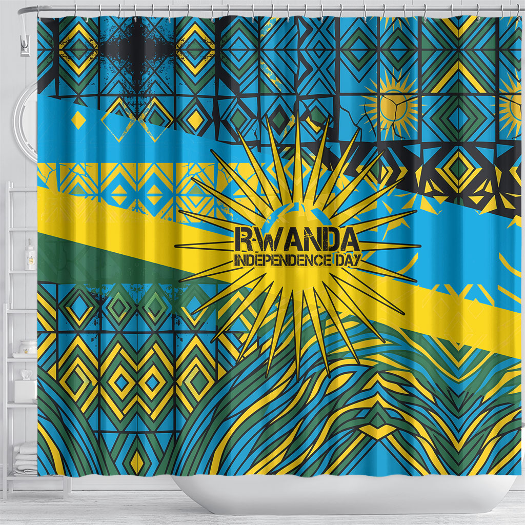 Rwanda Independence Day Shower Curtain Tribal Geometric Pattern - National Coat Of Arms And Sunburst