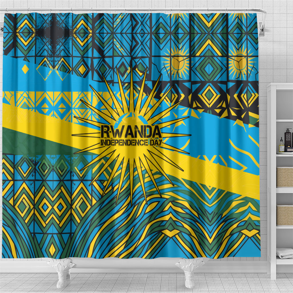 Rwanda Independence Day Shower Curtain Tribal Geometric Pattern - National Coat Of Arms And Sunburst