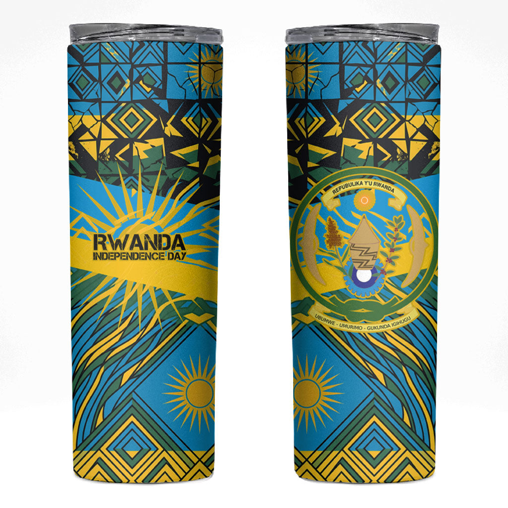 Rwanda Independence Day Skinny Tumbler Tribal Geometric Pattern - National Coat Of Arms And Sunburst