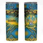 Rwanda Independence Day Skinny Tumbler Tribal Geometric Pattern - National Coat Of Arms And Sunburst