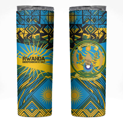 Rwanda Independence Day Skinny Tumbler Tribal Geometric Pattern - National Coat Of Arms And Sunburst