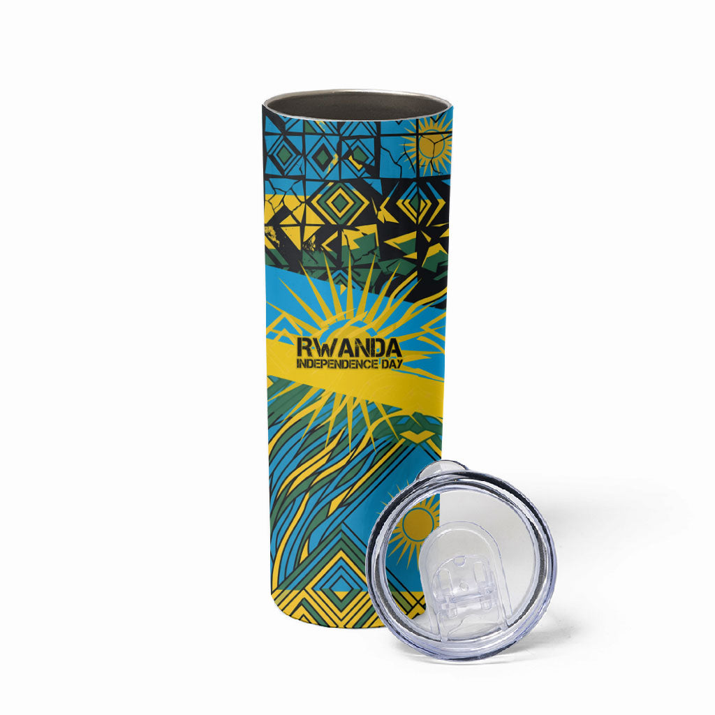 Rwanda Independence Day Skinny Tumbler Tribal Geometric Pattern - National Coat Of Arms And Sunburst