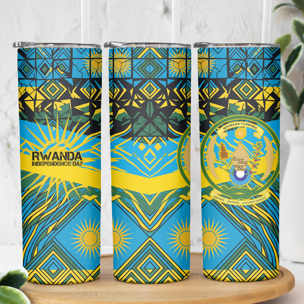 Rwanda Independence Day Skinny Tumbler Tribal Geometric Pattern - National Coat Of Arms And Sunburst