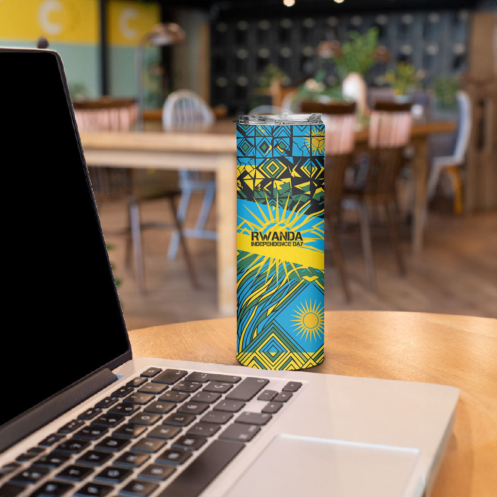 Rwanda Independence Day Skinny Tumbler Tribal Geometric Pattern - National Coat Of Arms And Sunburst