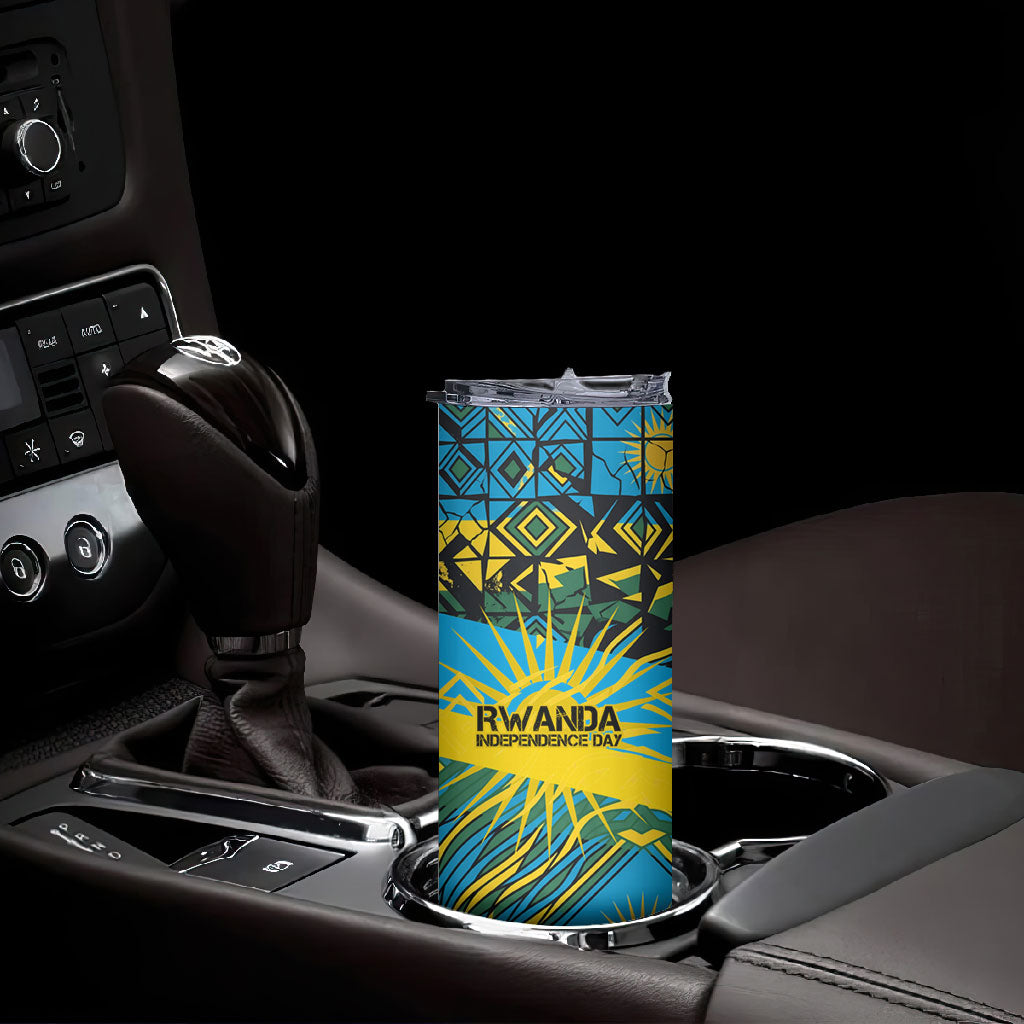Rwanda Independence Day Skinny Tumbler Tribal Geometric Pattern - National Coat Of Arms And Sunburst