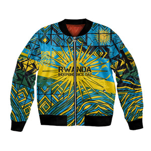 Rwanda Independence Day Sleeve Zip Bomber Jacket Tribal Geometric Pattern - National Coat Of Arms And Sunburst