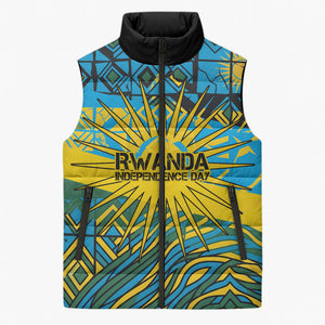 Rwanda Independence Day Sleeveless Puffer Jacket Tribal Geometric Pattern - National Coat Of Arms And Sunburst