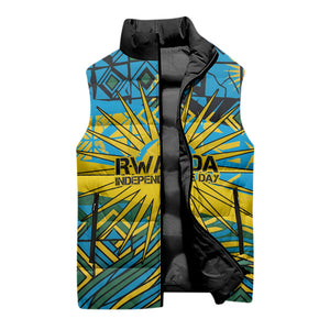 Rwanda Independence Day Sleeveless Puffer Jacket Tribal Geometric Pattern - National Coat Of Arms And Sunburst