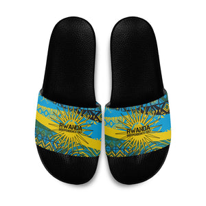 Rwanda Independence Day Slide Sandals Tribal Geometric Pattern - National Coat Of Arms And Sunburst