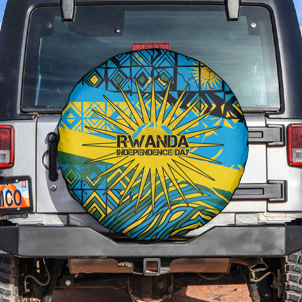 Rwanda Independence Day Spare Tire Cover Tribal Geometric Pattern - National Coat Of Arms And Sunburst