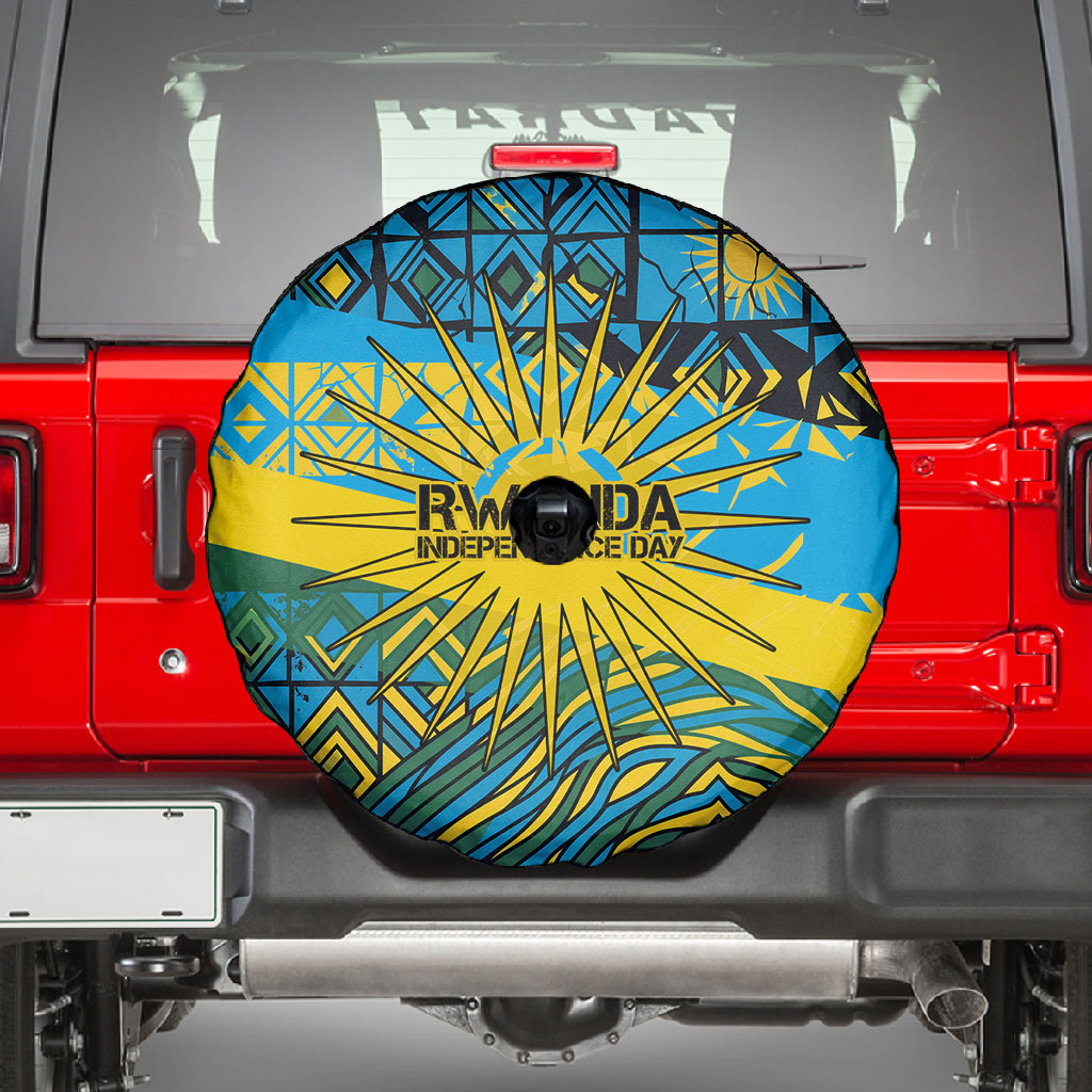 Rwanda Independence Day Spare Tire Cover Tribal Geometric Pattern - National Coat Of Arms And Sunburst