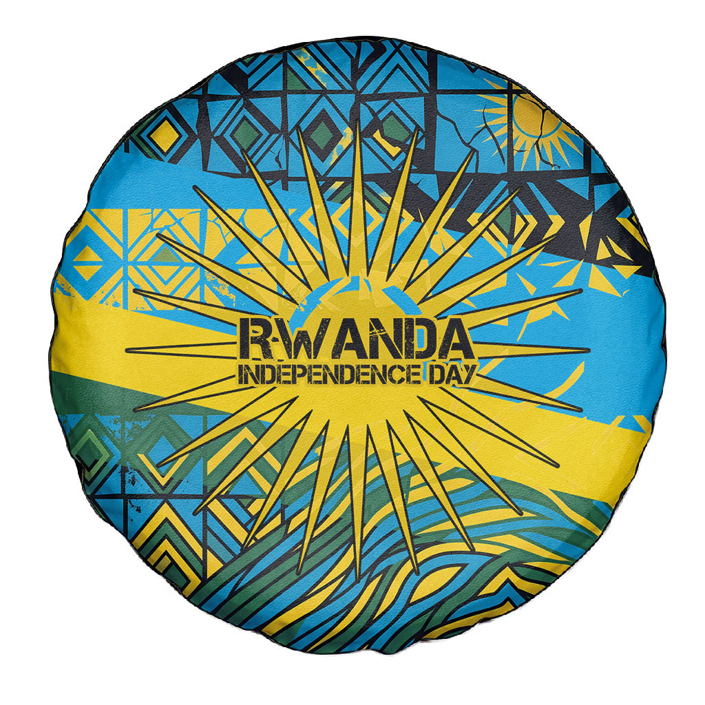 Rwanda Independence Day Spare Tire Cover Tribal Geometric Pattern - National Coat Of Arms And Sunburst