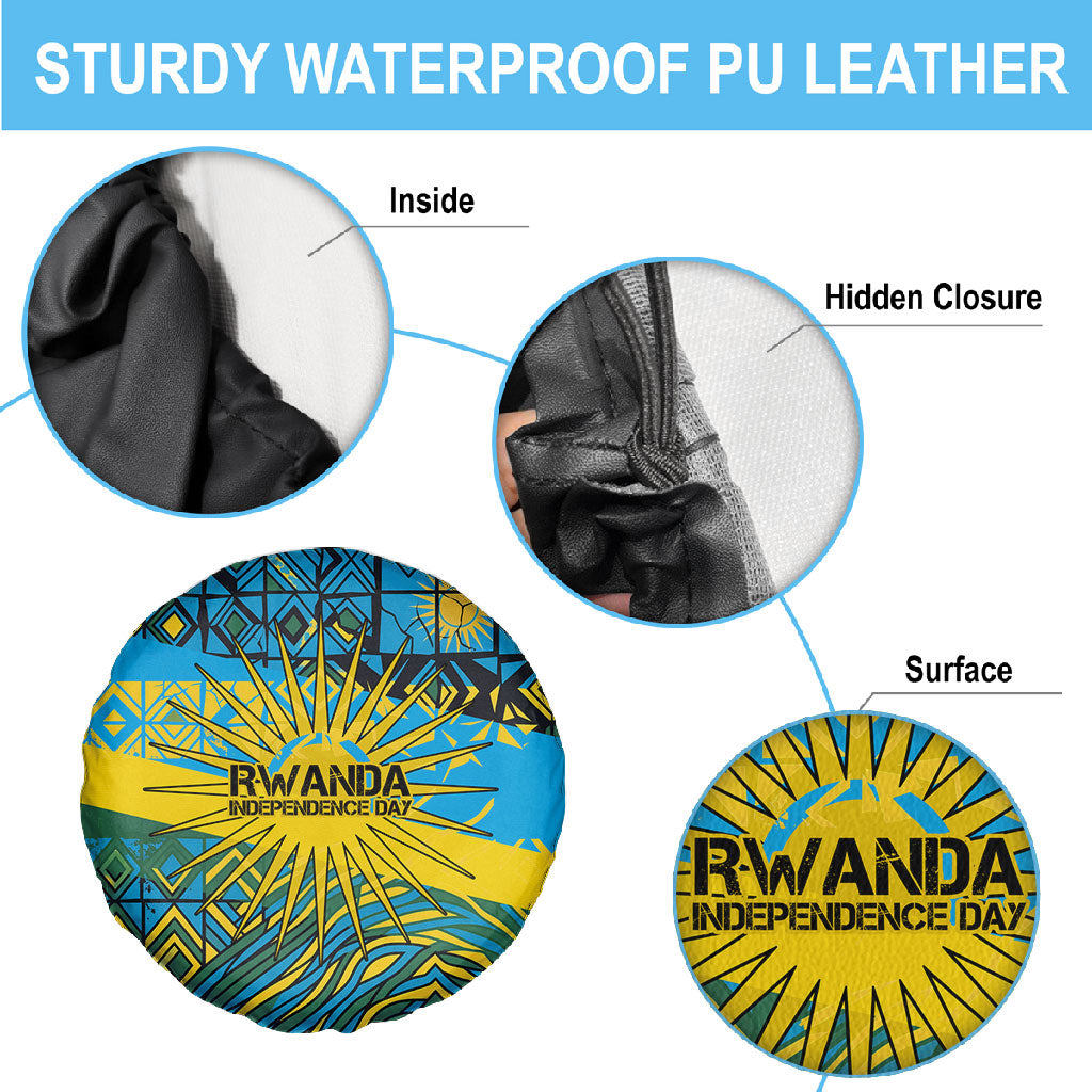 Rwanda Independence Day Spare Tire Cover Tribal Geometric Pattern - National Coat Of Arms And Sunburst