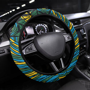 Rwanda Independence Day Steering Wheel Cover Tribal Geometric Pattern - National Coat Of Arms And Sunburst