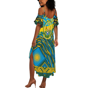 Rwanda Independence Day Summer Maxi Dress Tribal Geometric Pattern - National Coat Of Arms And Sunburst