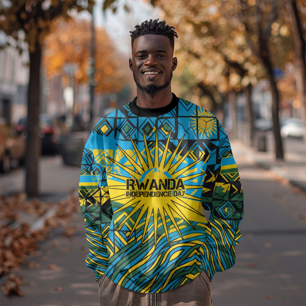 Rwanda Independence Day Sweatshirt Tribal Geometric Pattern - National Coat Of Arms And Sunburst