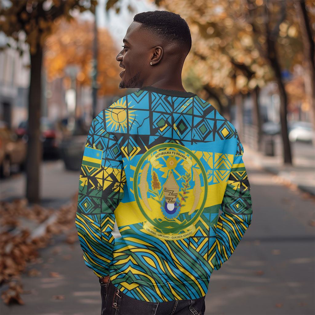 Rwanda Independence Day Sweatshirt Tribal Geometric Pattern - National Coat Of Arms And Sunburst