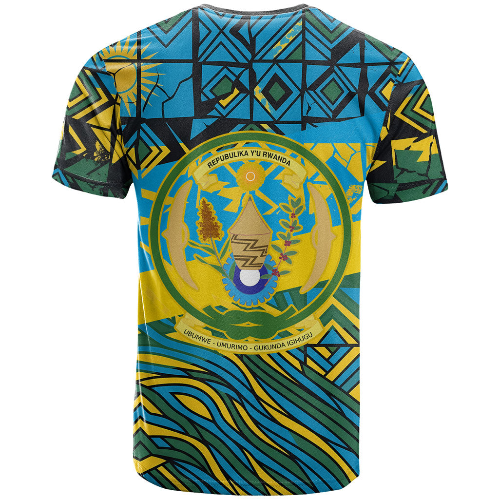 Rwanda Independence Day T shirt Tribal Geometric Pattern - National Coat Of Arms And Sunburst
