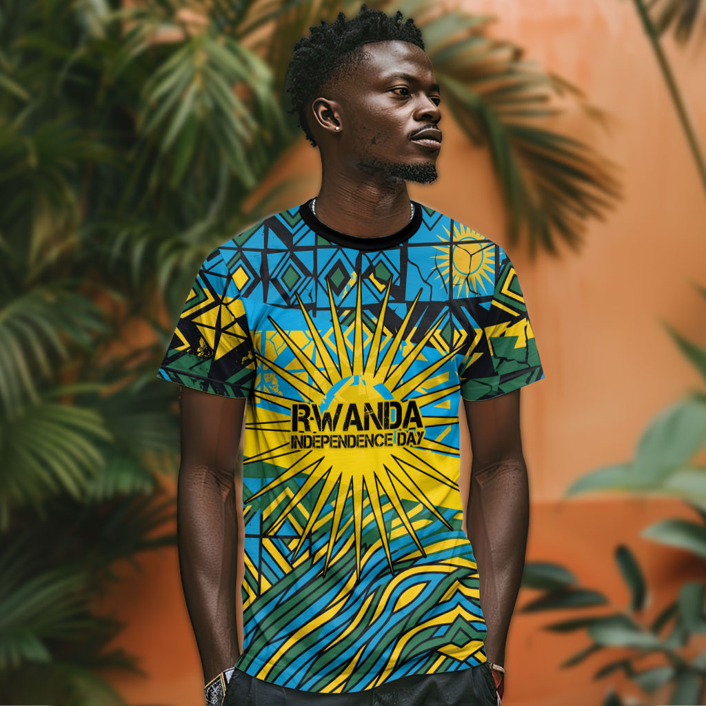 Rwanda Independence Day T shirt Tribal Geometric Pattern - National Coat Of Arms And Sunburst