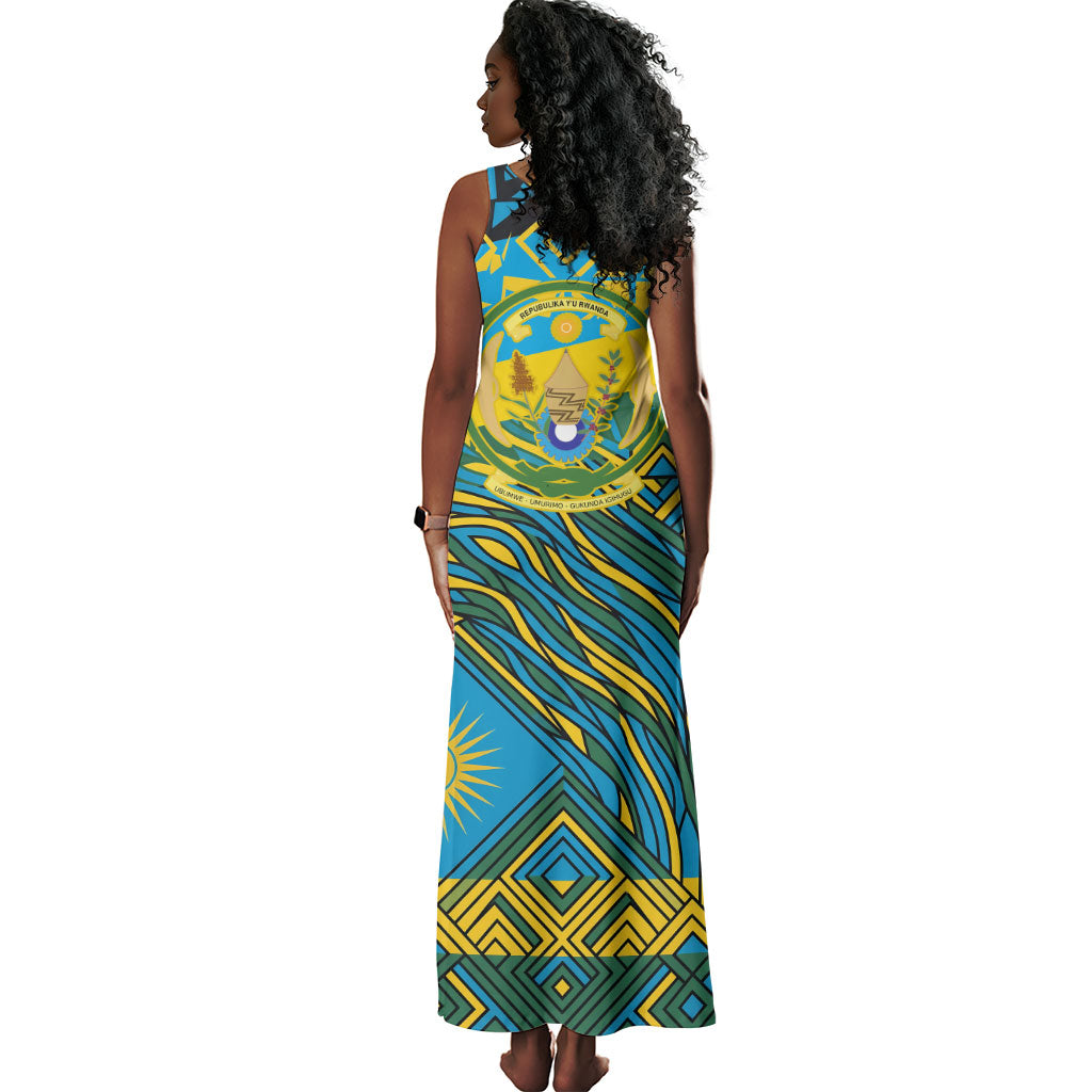 Rwanda Independence Day Tank Maxi Dress Tribal Geometric Pattern - National Coat Of Arms And Sunburst