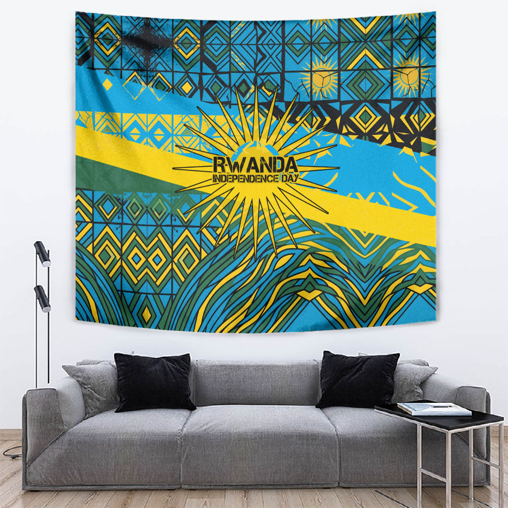 Rwanda Independence Day Tapestry Tribal Geometric Pattern - National Coat Of Arms And Sunburst