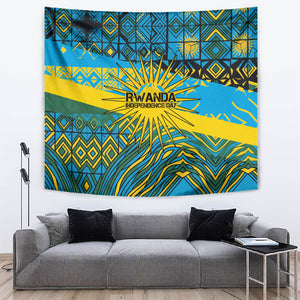Rwanda Independence Day Tapestry Tribal Geometric Pattern - National Coat Of Arms And Sunburst
