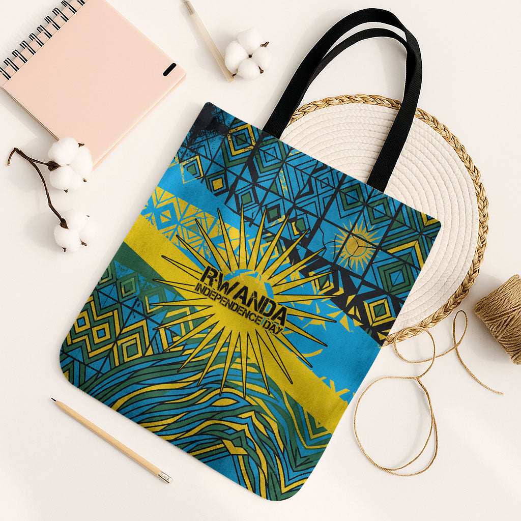 Rwanda Independence Day Tote Bag Tribal Geometric Pattern - National Coat Of Arms And Sunburst