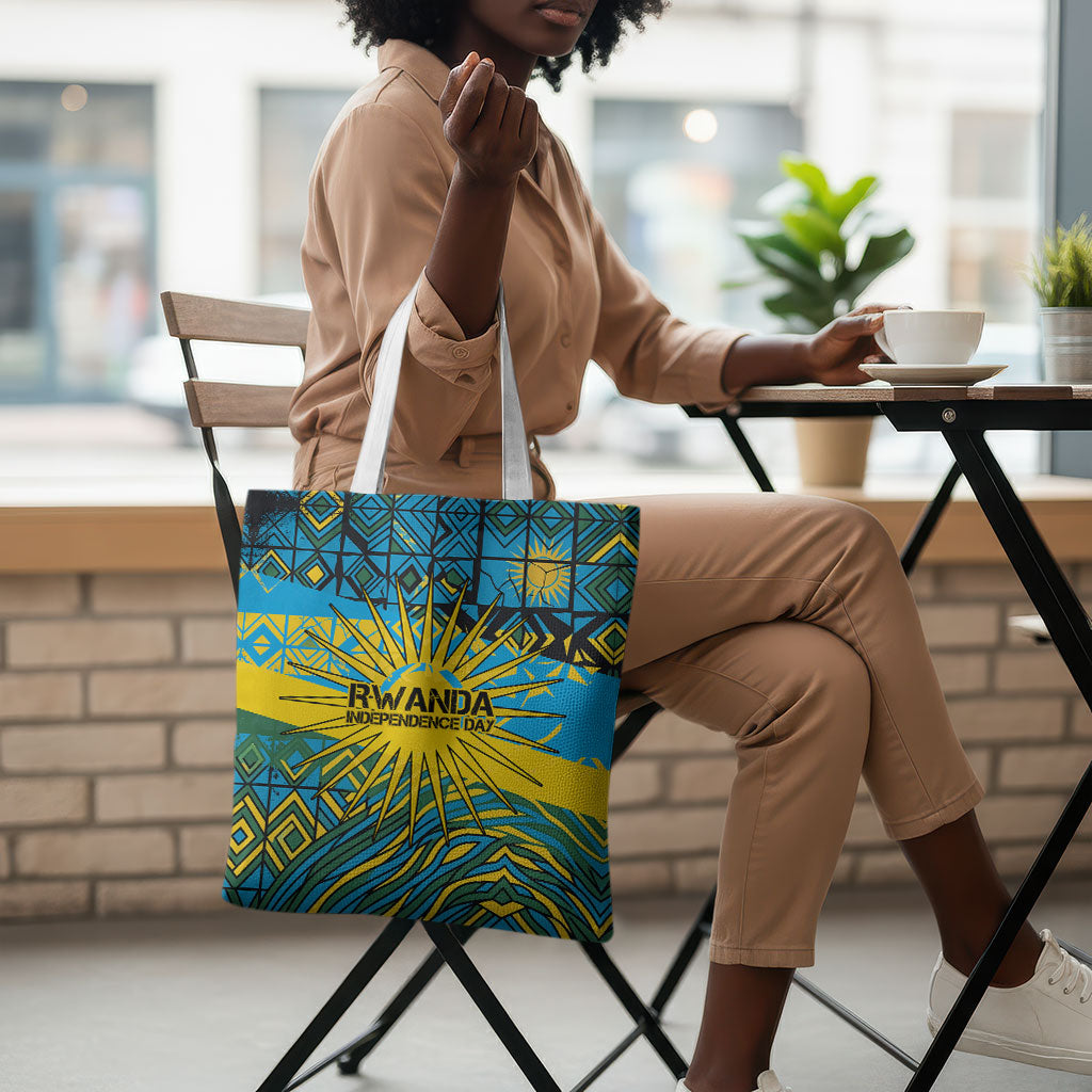 Rwanda Independence Day Tote Bag Tribal Geometric Pattern - National Coat Of Arms And Sunburst