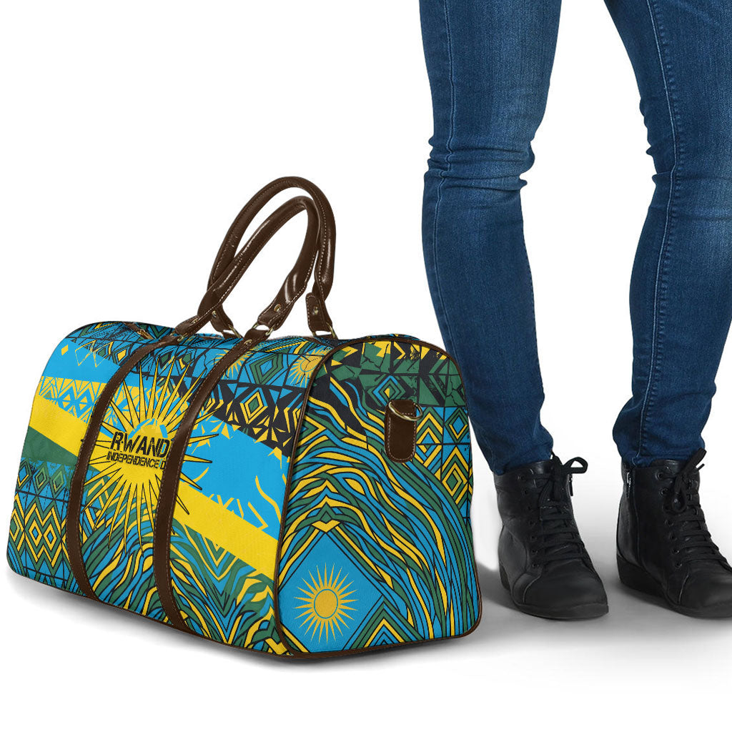 Rwanda Independence Day Travel Bag Tribal Geometric Pattern - National Coat Of Arms And Sunburst