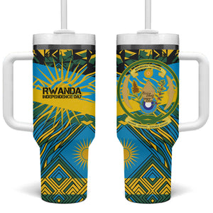 Rwanda Independence Day Tumbler With Handle Tribal Geometric Pattern - National Coat Of Arms And Sunburst