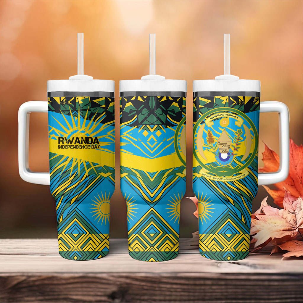 Rwanda Independence Day Tumbler With Handle Tribal Geometric Pattern - National Coat Of Arms And Sunburst