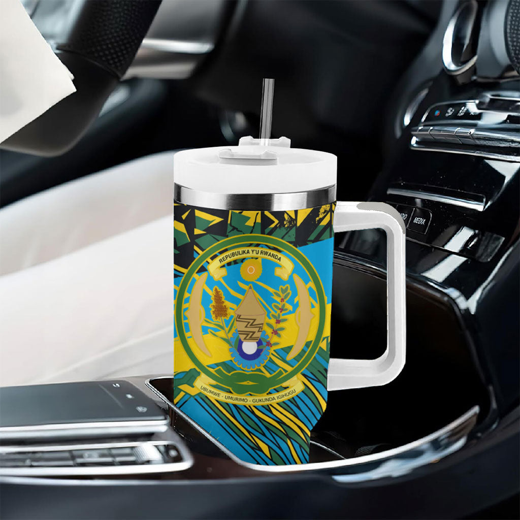 Rwanda Independence Day Tumbler With Handle Tribal Geometric Pattern - National Coat Of Arms And Sunburst