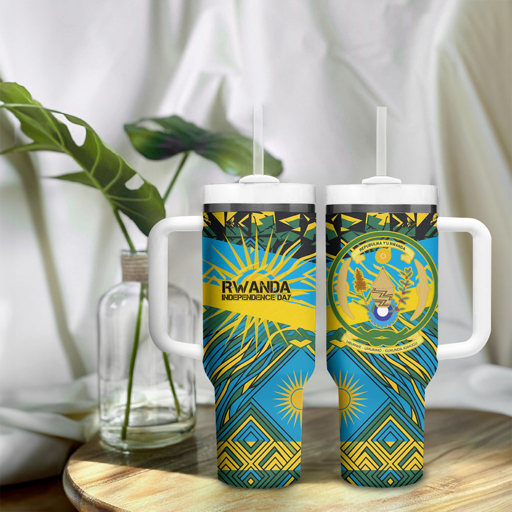 Rwanda Independence Day Tumbler With Handle Tribal Geometric Pattern - National Coat Of Arms And Sunburst