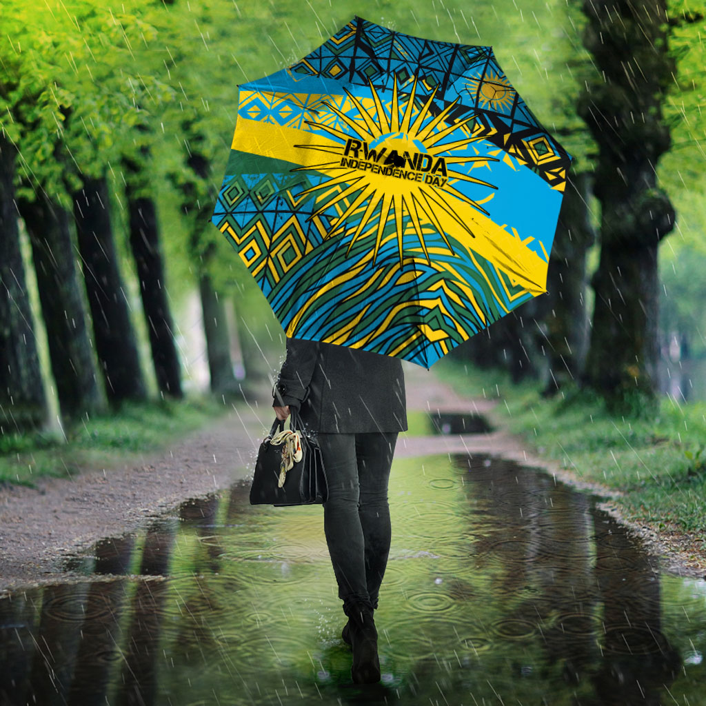 Rwanda Independence Day Umbrella Tribal Geometric Pattern - National Coat Of Arms And Sunburst