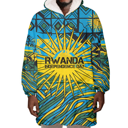 Rwanda Independence Day Wearable Blanket Hoodie Tribal Geometric Pattern - National Coat Of Arms And Sunburst