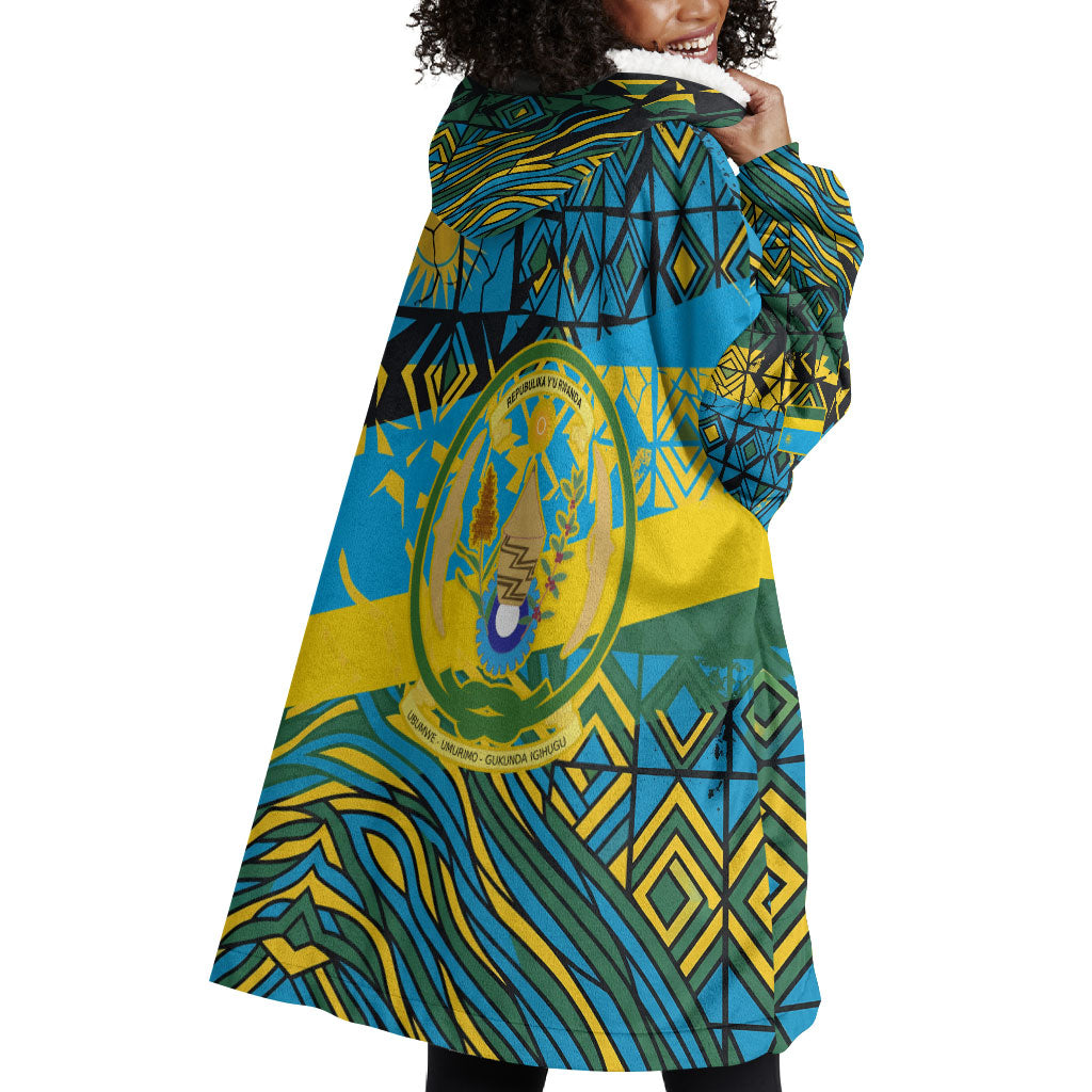 Rwanda Independence Day Wearable Blanket Hoodie Tribal Geometric Pattern - National Coat Of Arms And Sunburst