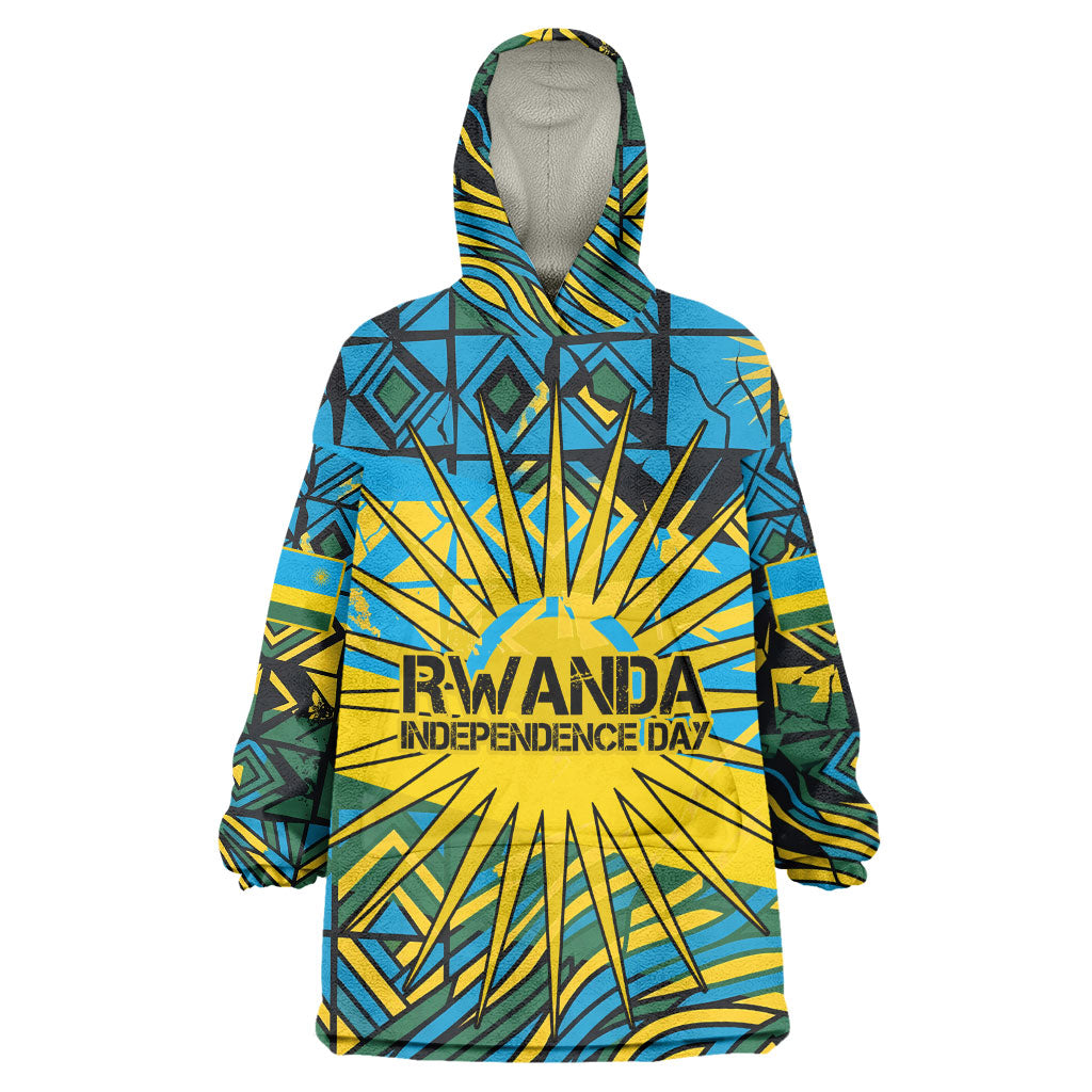Rwanda Independence Day Wearable Blanket Hoodie Tribal Geometric Pattern - National Coat Of Arms And Sunburst