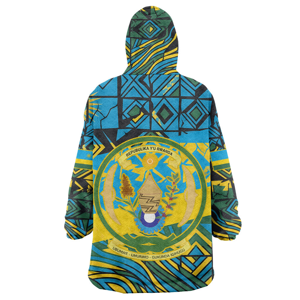 Rwanda Independence Day Wearable Blanket Hoodie Tribal Geometric Pattern - National Coat Of Arms And Sunburst