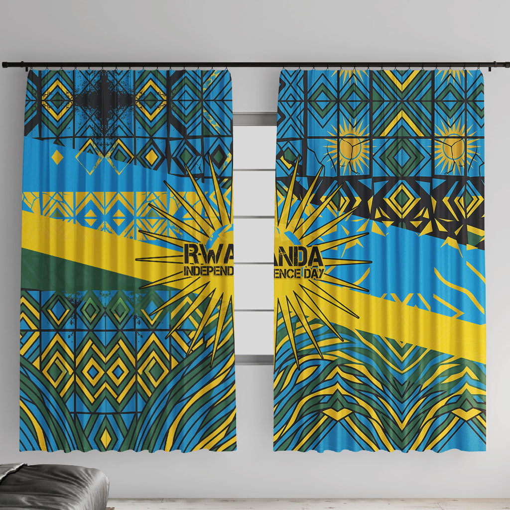 Rwanda Independence Day Window Curtain Tribal Geometric Pattern - National Coat Of Arms And Sunburst