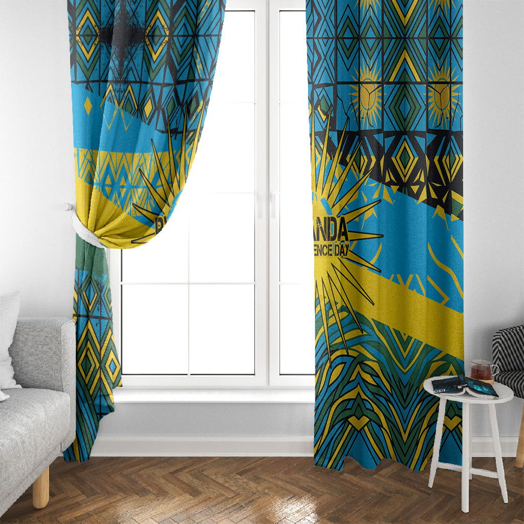 Rwanda Independence Day Window Curtain Tribal Geometric Pattern - National Coat Of Arms And Sunburst
